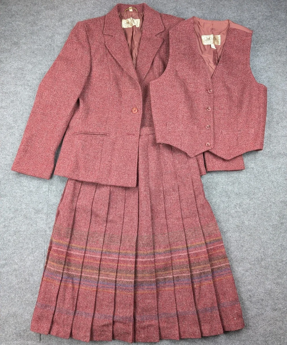 Edinburg Woollen Mill Skirt Suit Set Women 10 3 Piece Vintage Red Pleated Retro - Picture 1 of 16